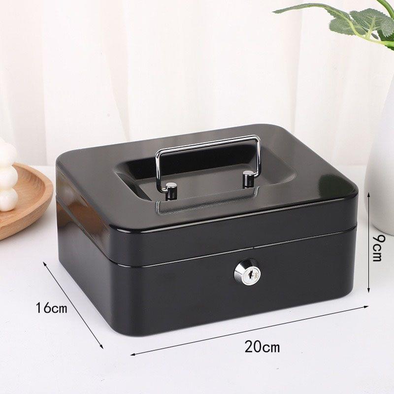 Black lockable metal cash box with top handle and round key lock