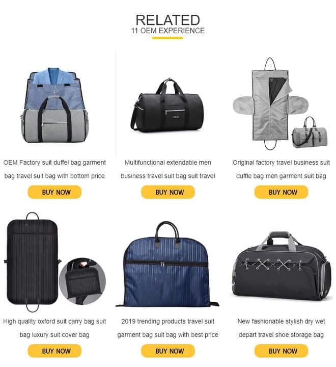 Product listing collage showing travel duffel bags with suit storage features