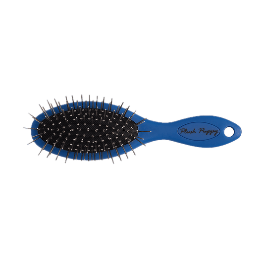 Side view blue pocket pin brush with oval black base and silver pins, Plush Puppy