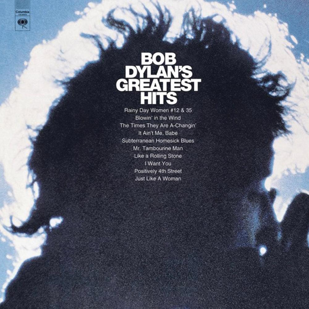 Bob Dylan's Greatest Hits vinyl album cover with dark silhouette and track list