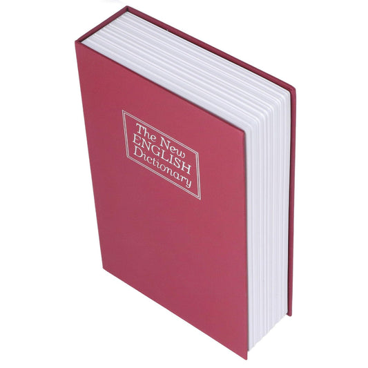 Book safe storage box closed angled red cover with white ribbed spine and label