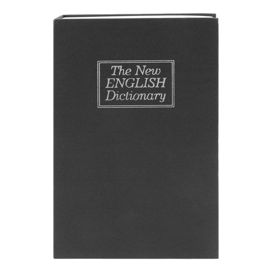 Black book safe box with “The New English Dictionary” label on front cover.