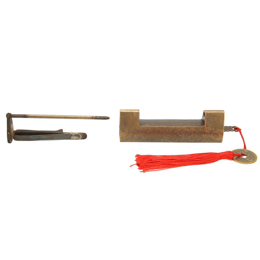 Antique brass padlock set with base, shackle, and red tassel cord