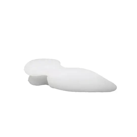 White bunion sleeve with toe spacer, low-profile contoured pad for toes.