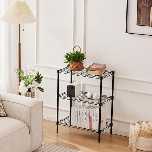 3-tier black metal wire shelf rack with open levels, styled in a living area