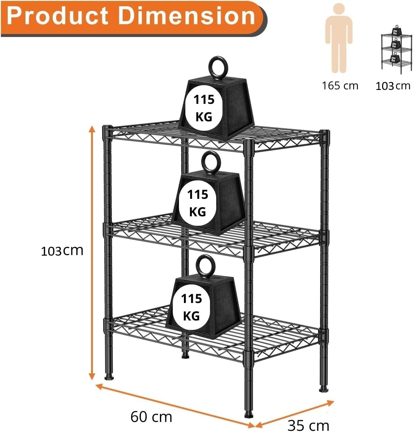 3-tier black metal wire storage shelf rack with 60 cm width and 35 cm depth