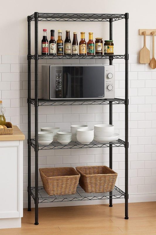Black 5-tier wire shelving rack with kitchenware, plates, and woven storage baskets.