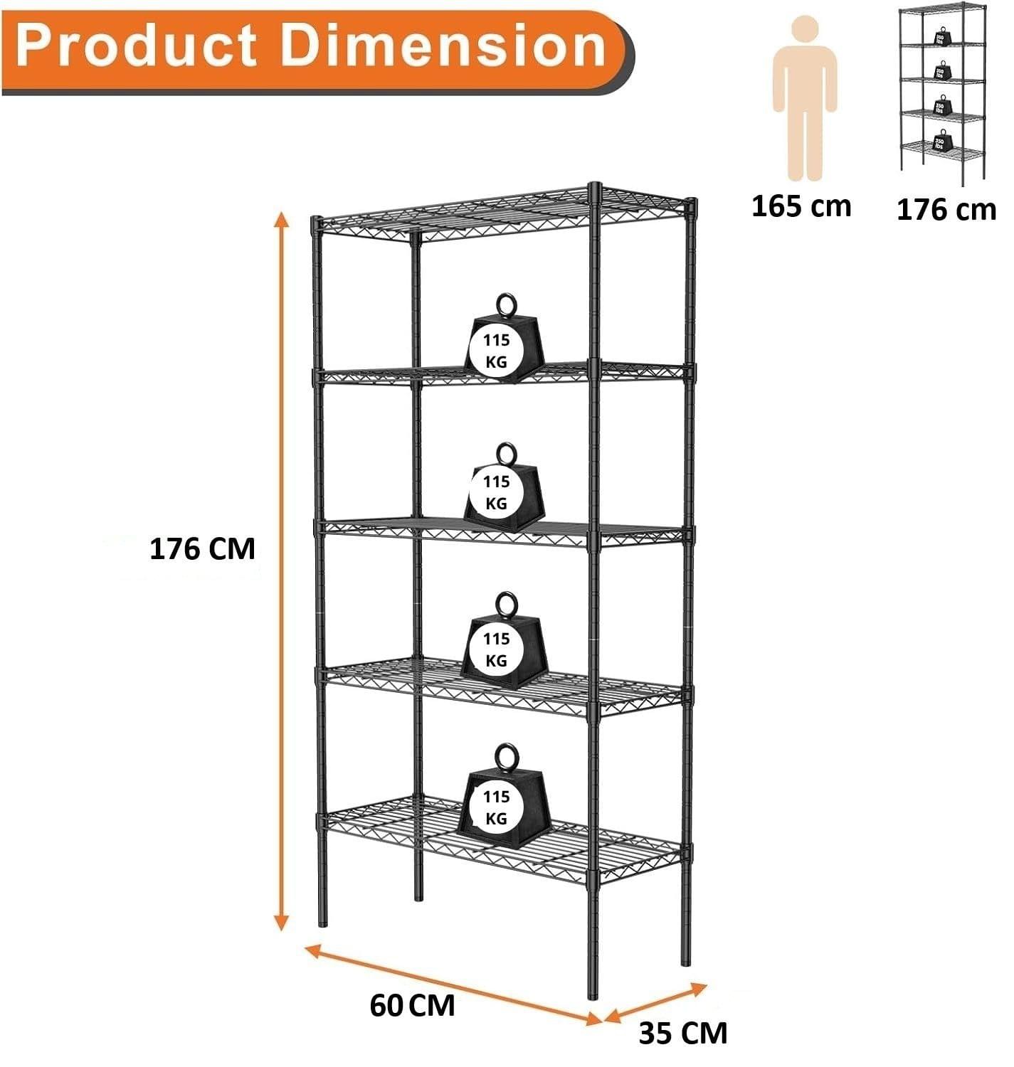 Metal wire storage rack size diagram showing 165 cm height, 60 cm width, 35 cm depth.