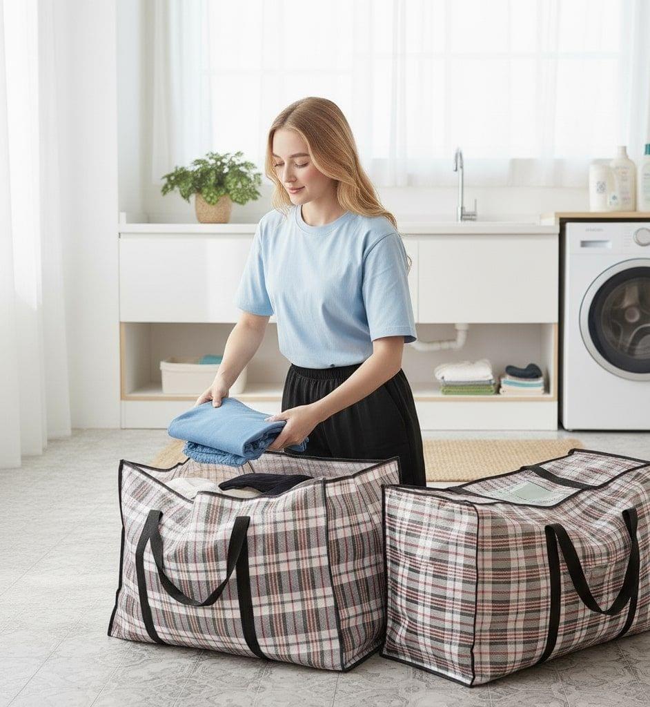 Large plaid storage bags with black zippers and handles, partially filled for packing