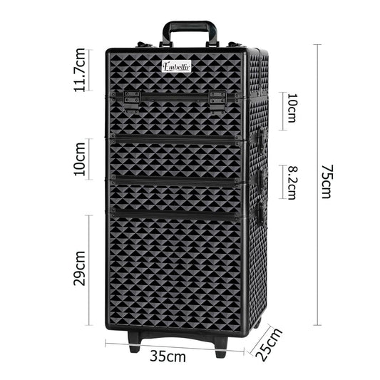 Diamond-pattern makeup trolley case with front latches, top handle, and caster wheels