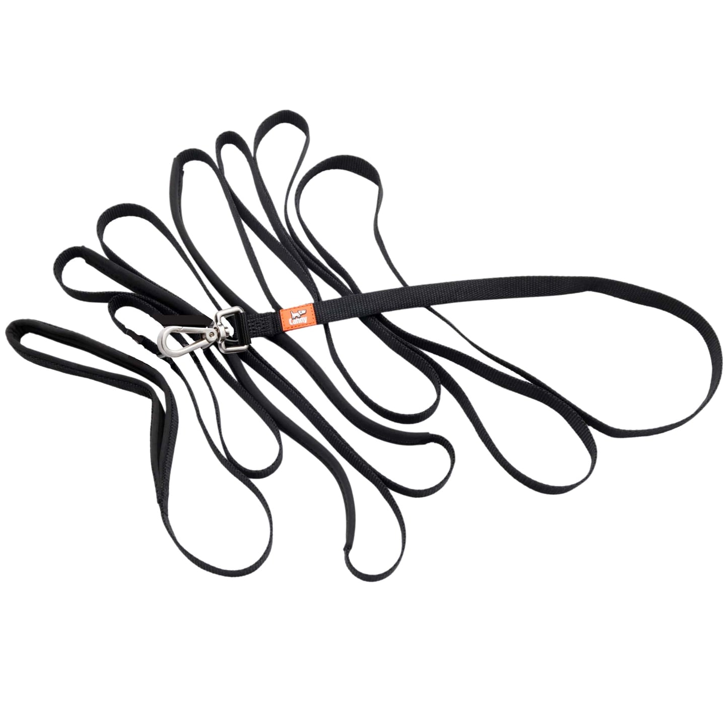 Looped black dog recall lead bundle with metal clips and orange brand label