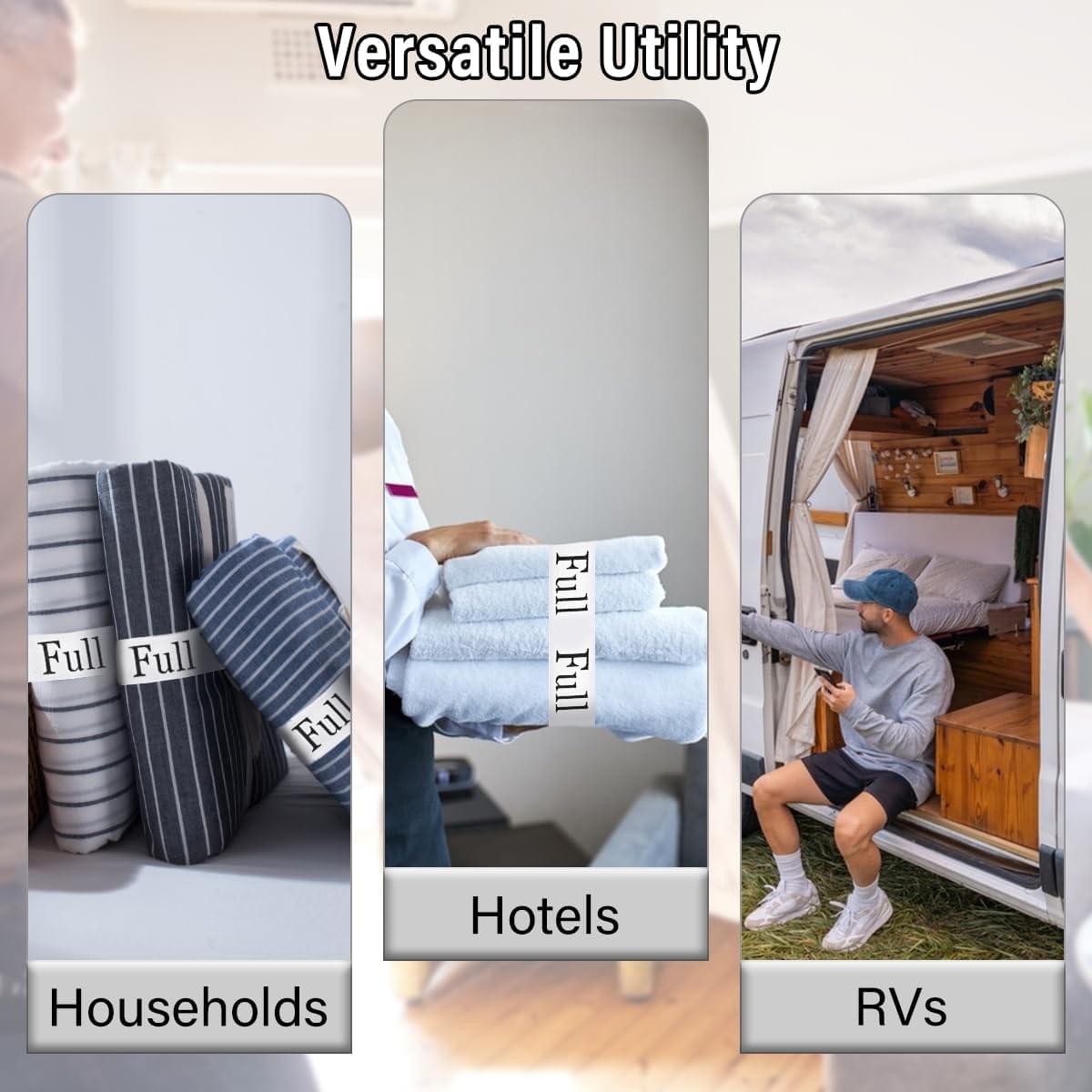 Full-size elastic sheet organizer band labeled Full, shown for households, hotels, RVs