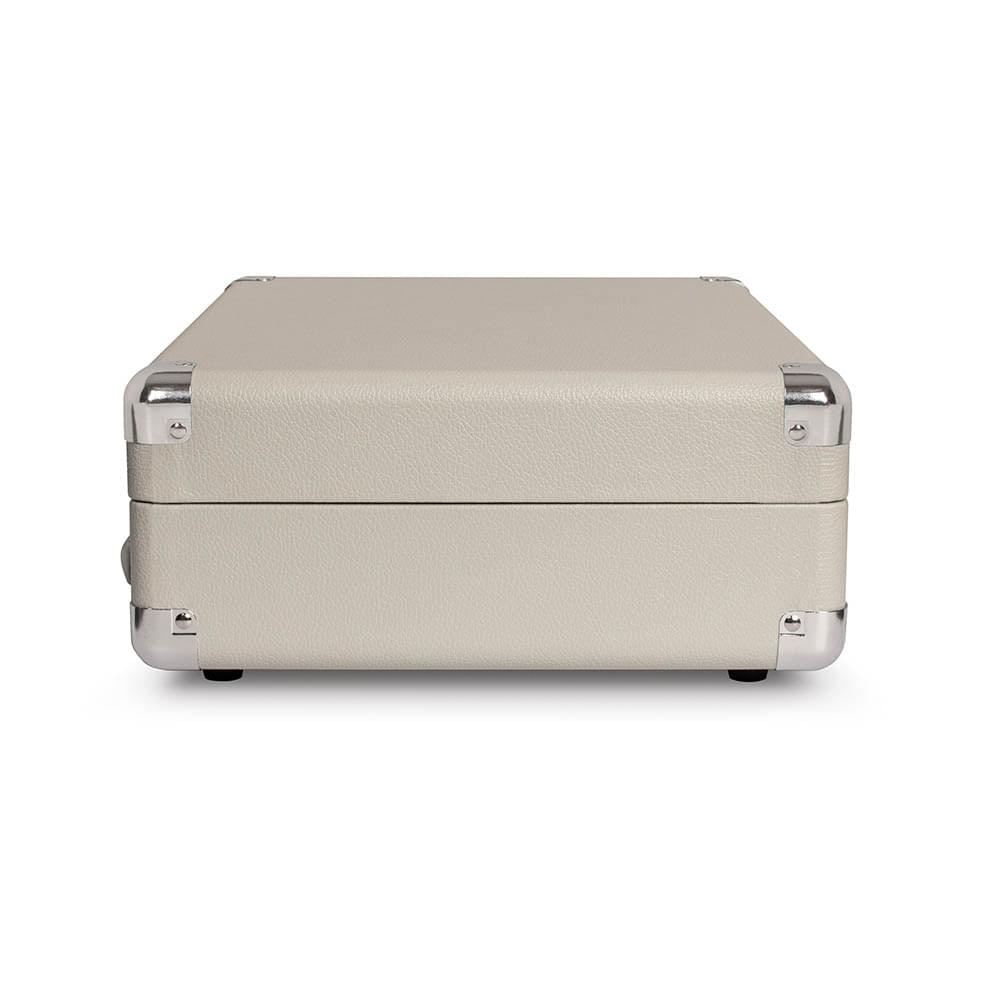 Portable turntable with closed white case and silver corner hardware
