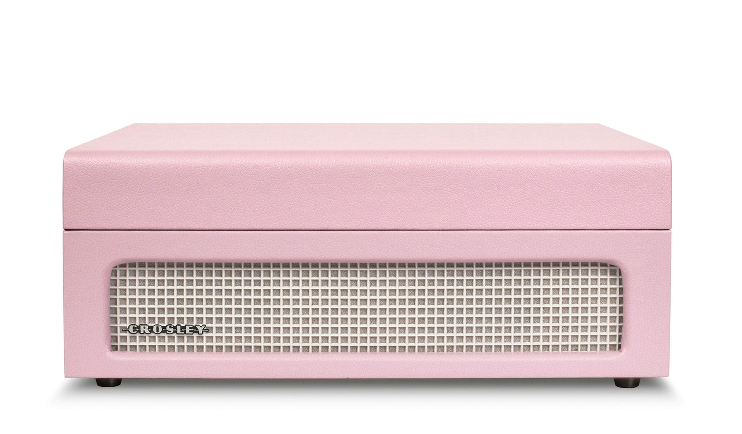 Pink portable turntable front with speaker grille and smooth top lid