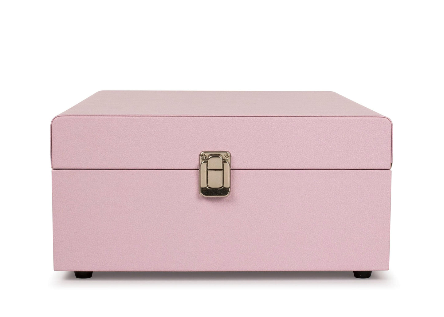 Amethyst pink portable turntable with closed lid and central latch