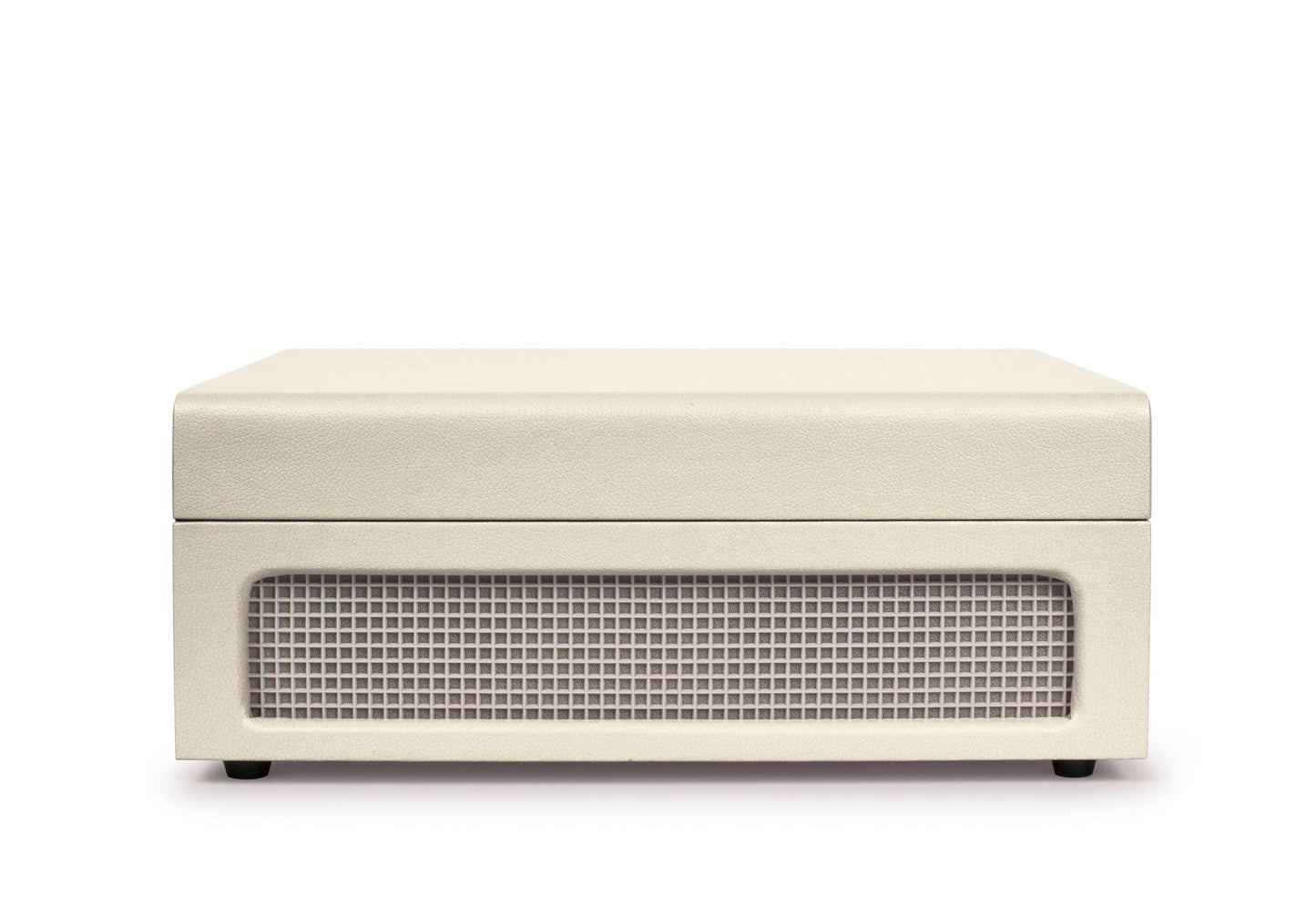 Portable turntable speaker grille on front, pale beige cabinet