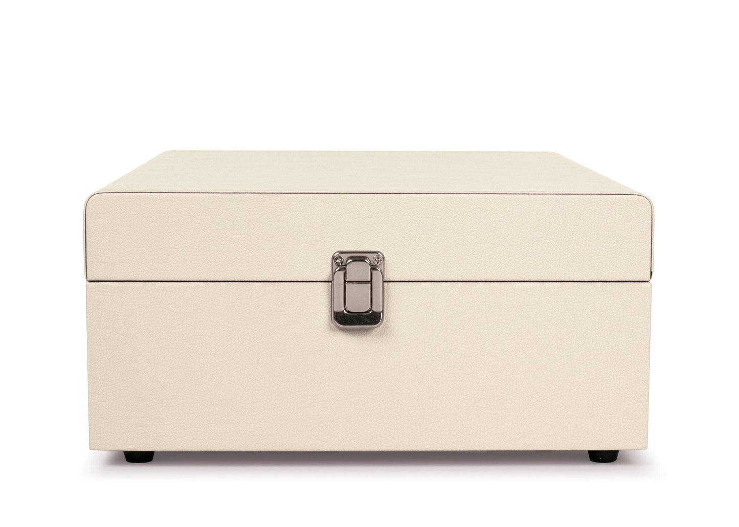 Beige portable turntable with top handle and closed lid