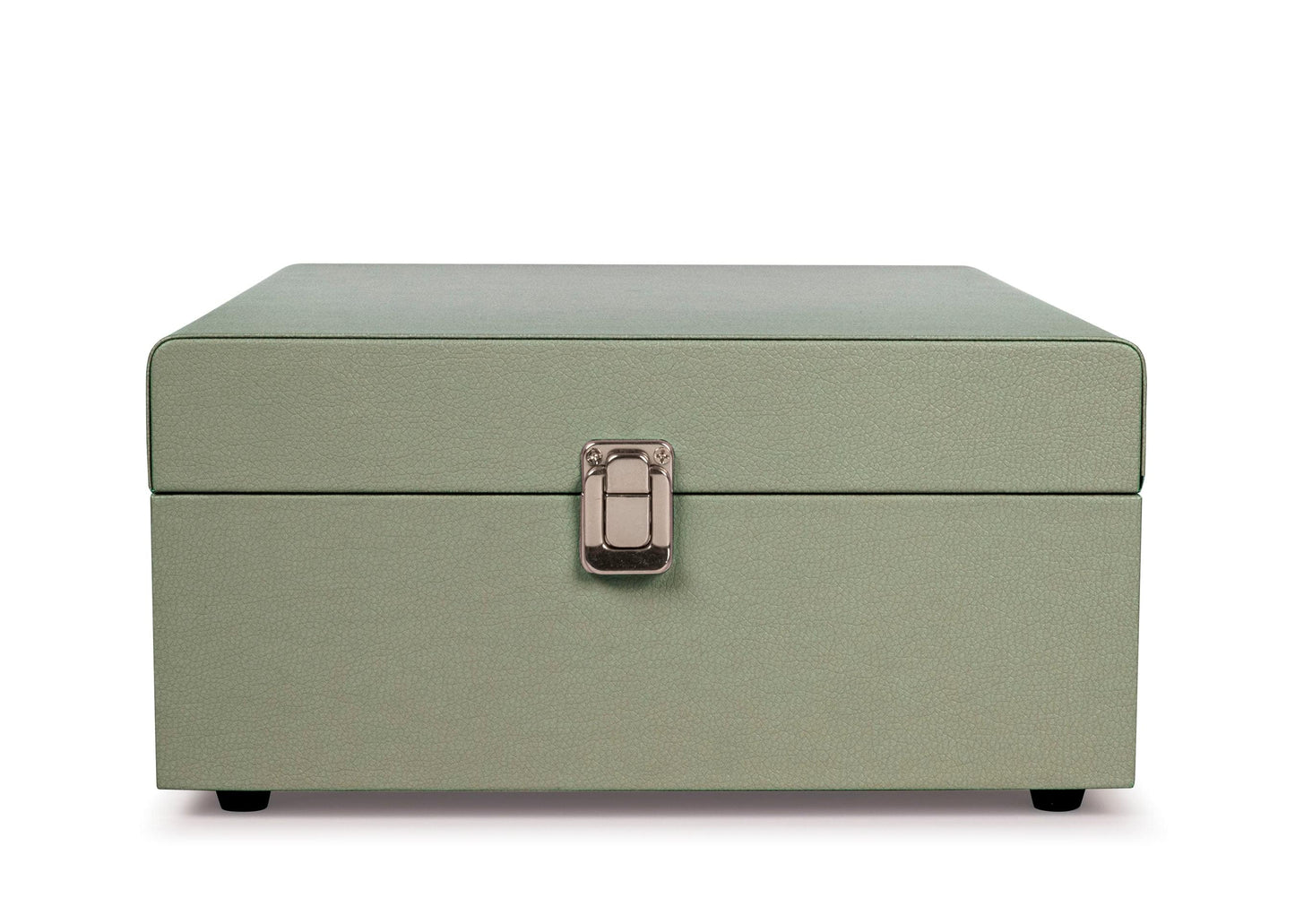 Bluetooth portable turntable in sage green with front handle latch, closed lid