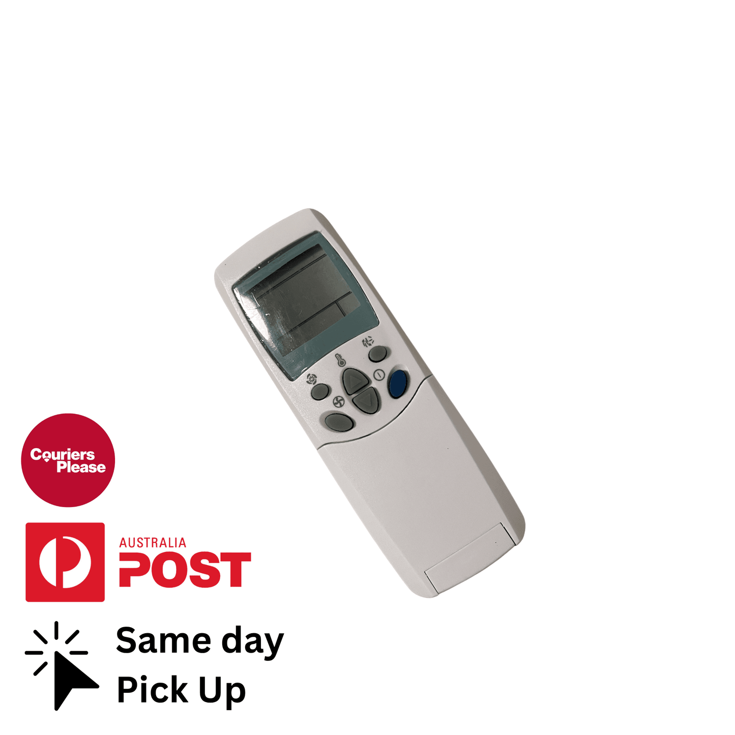 Air conditioner remote control, white with LCD screen and button keypad