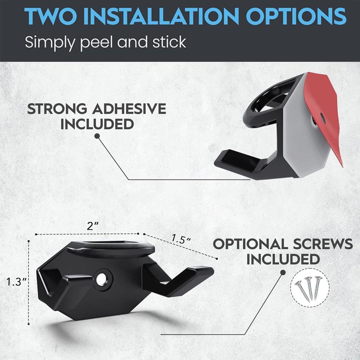 Black cap hook set with included screws and adhesive mounting option