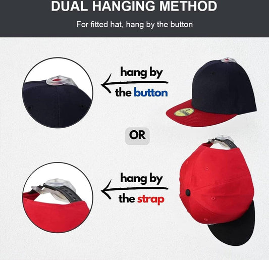 Dual-hanging cap hooks with navy and red caps; hang by button or strap