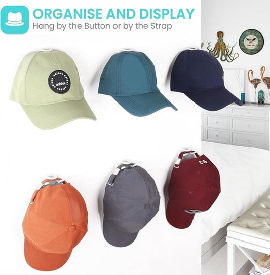Cap rack set of wall cap hooks holding six baseball caps in assorted colors