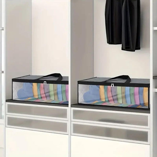 Gray cap storage bags with clear panels, black trim, and tops in a closet shelf