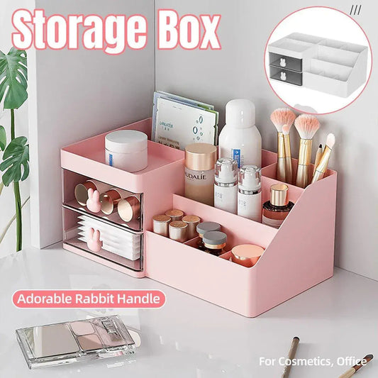 Pink desktop storage box with drawer compartments and rabbit-shaped handle, for cosmetics