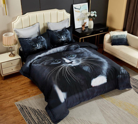 Black cat quilt cover set with big cat face duvet and two matching pillowcases