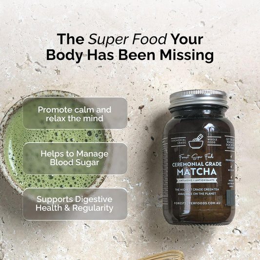 Ceremonial grade matcha bottle jar with green-and-brown label on a countertop