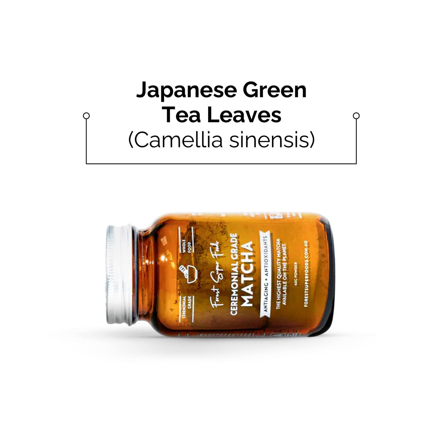 Ceremonial grade matcha jar side view, amber glass bottle with white screw lid