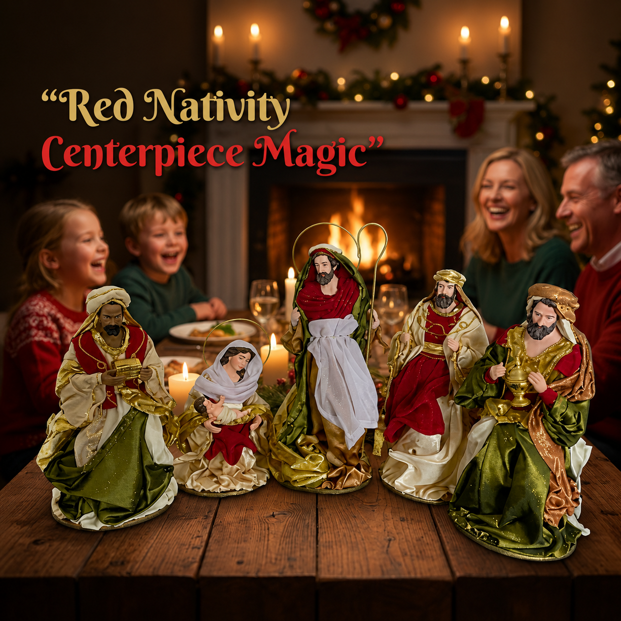 Red Christmas Religious Handmade Nativity Set with Manger - 40cm