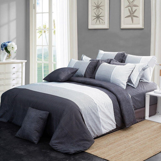 Single duvet quilt cover set with blue and white stripes and dark gray pillow shams