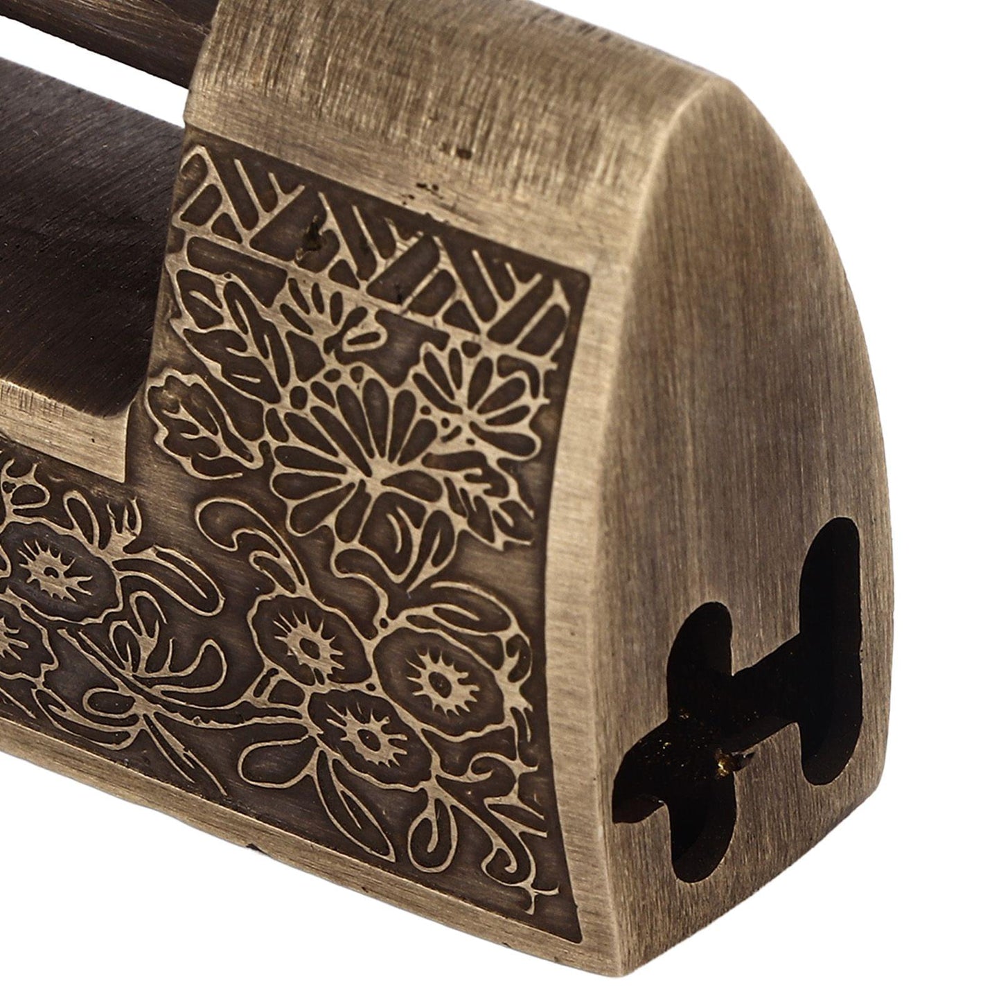 Antique horizontal padlock side view with floral engraved panel and keyhole