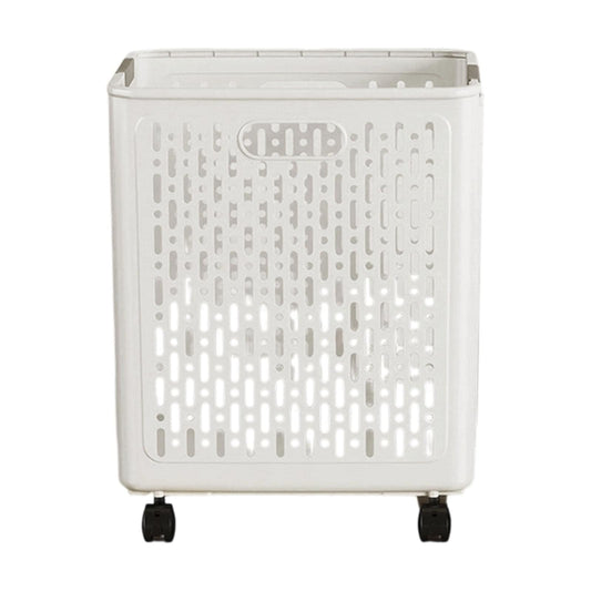 White collapsible laundry hamper with perforated front panel and rolling caster wheels