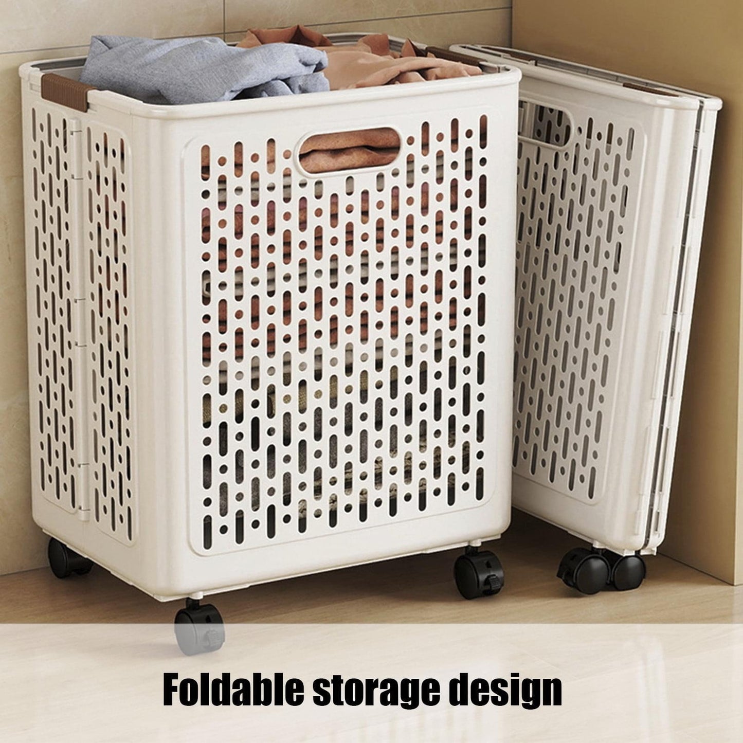 White collapsible laundry hamper with perforated panels, open top, and rolling caster wheels