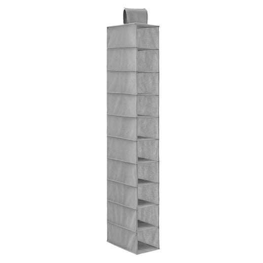 Hanging shoe organizer with 10 gray shelves, tall vertical storage panel with top loop