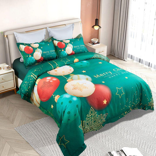 Teal Christmas quilt cover set with large baubles, stars, and Merry Christmas text