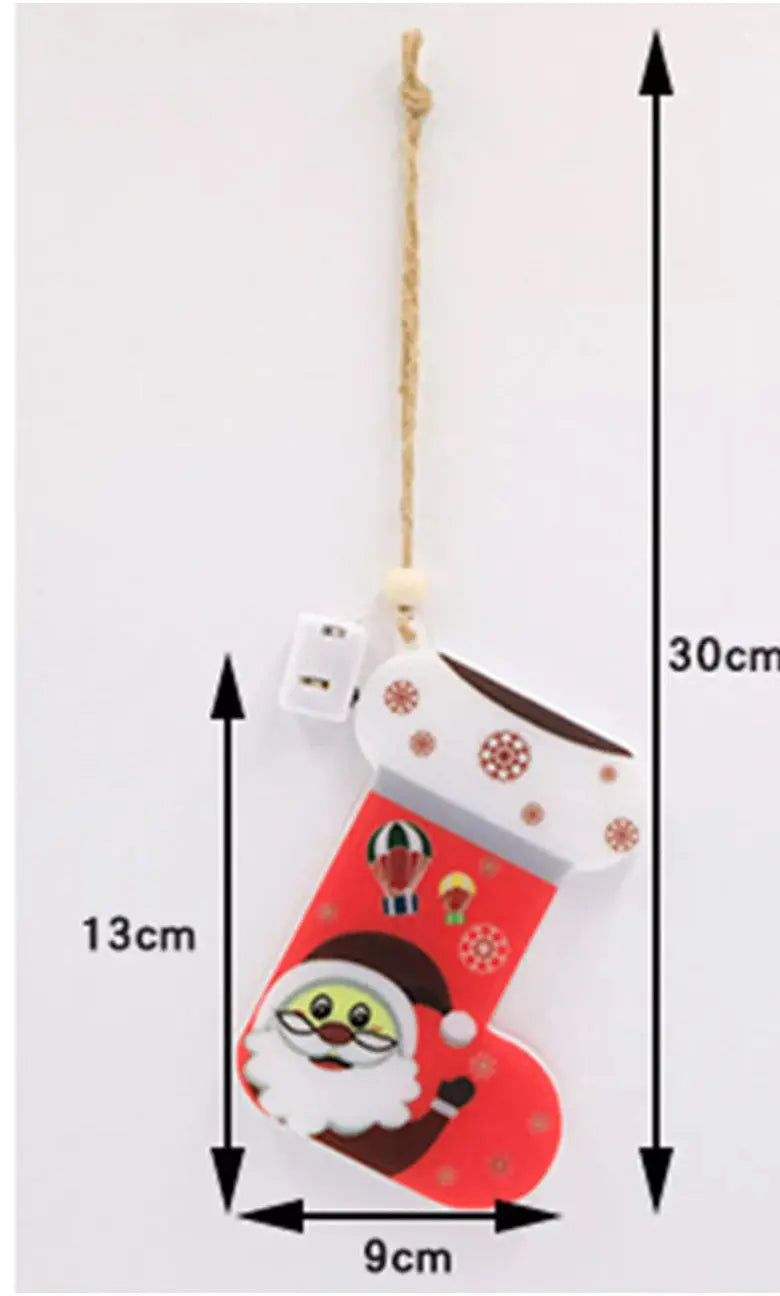 1PC Christmas Santa Stocking LED Hanging Ornament – Battery Powered Santa Claus Stocking Decoration with Snowflake Design for Christmas Tree & Home Décor