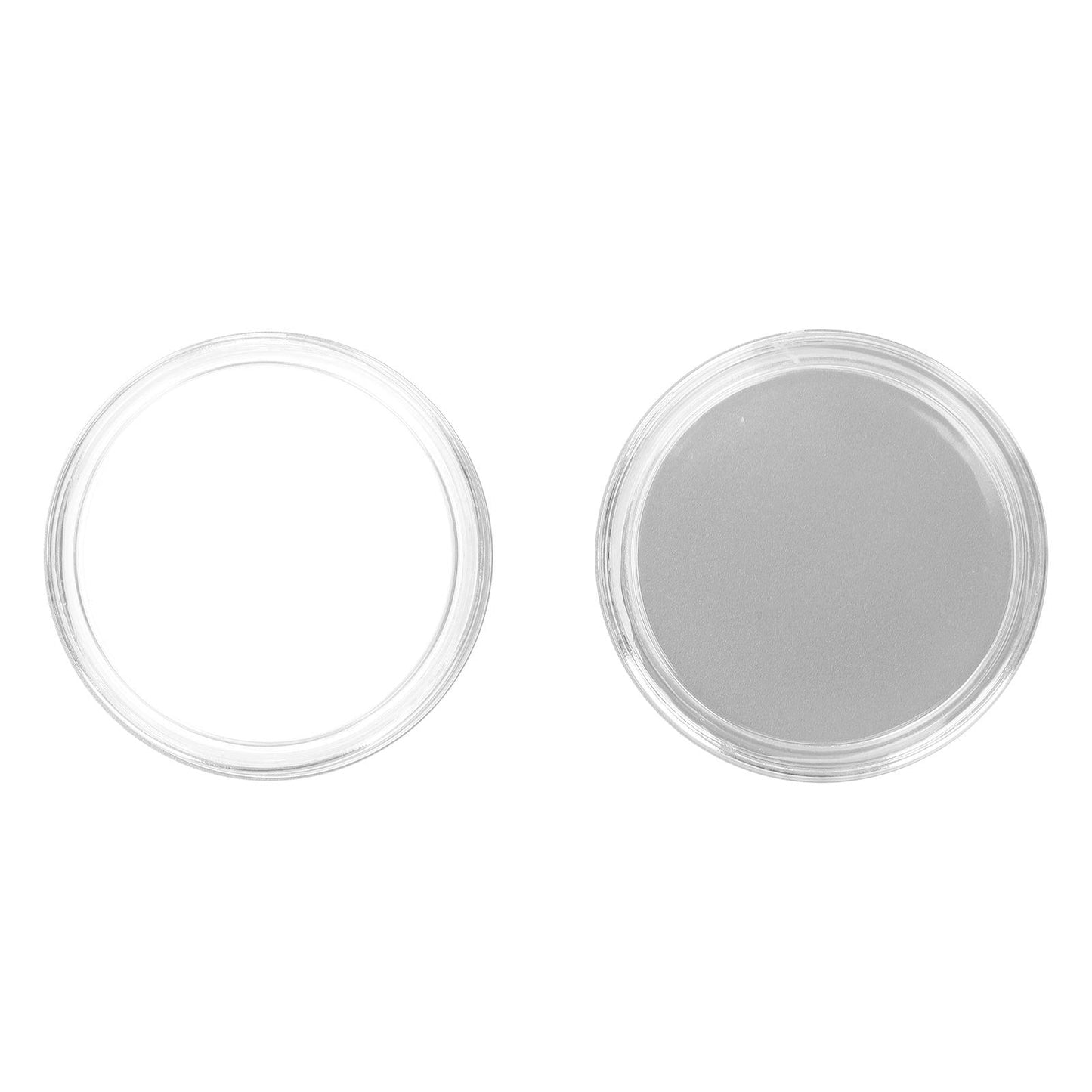 Clear round 41mm coin capsules, showing two capsule fronts side by side