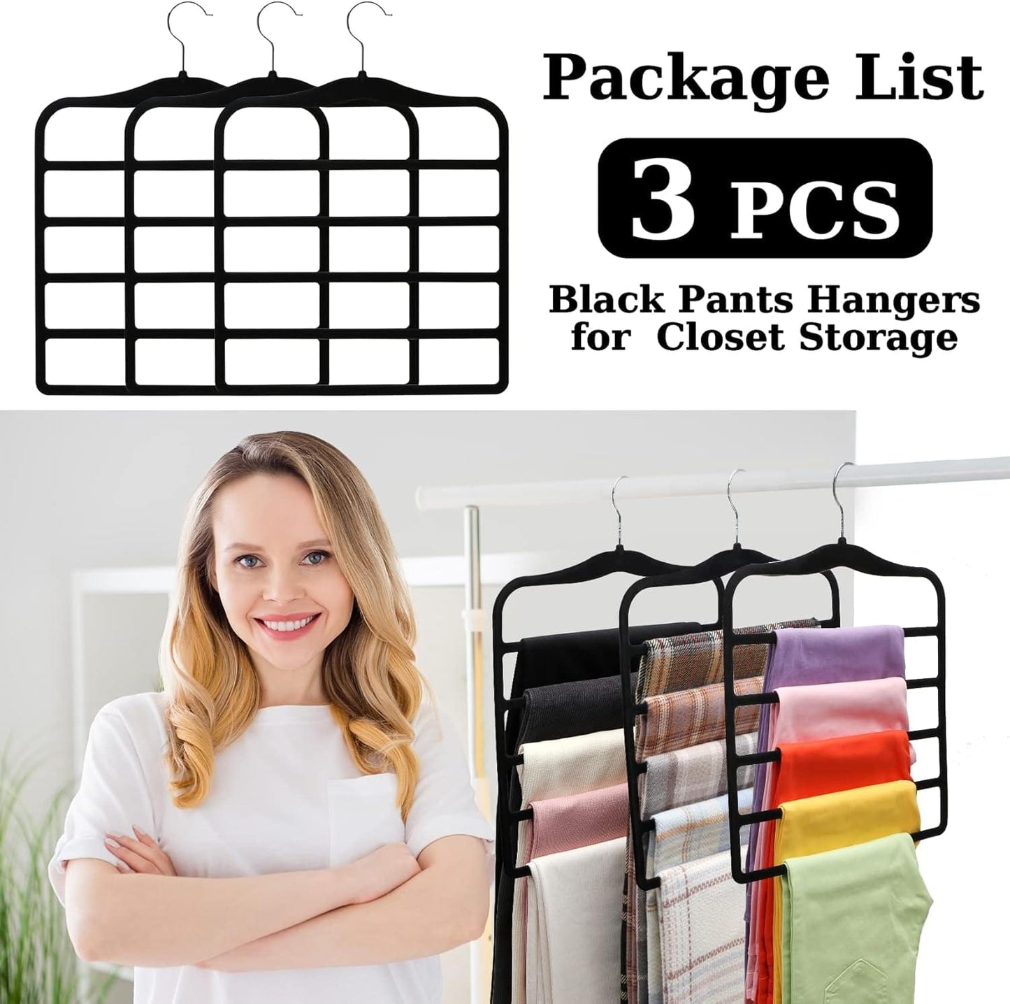 Three-pack velvet pants hanger organizer with folded pants and scarves, black hooks