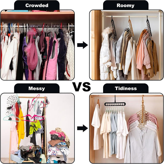 Wardrobe hanger organizer showing crowded vs roomier clothing arrangement on multiple hooks
