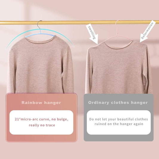 No-shoulder-bump sweater hangers holding light beige knit tops