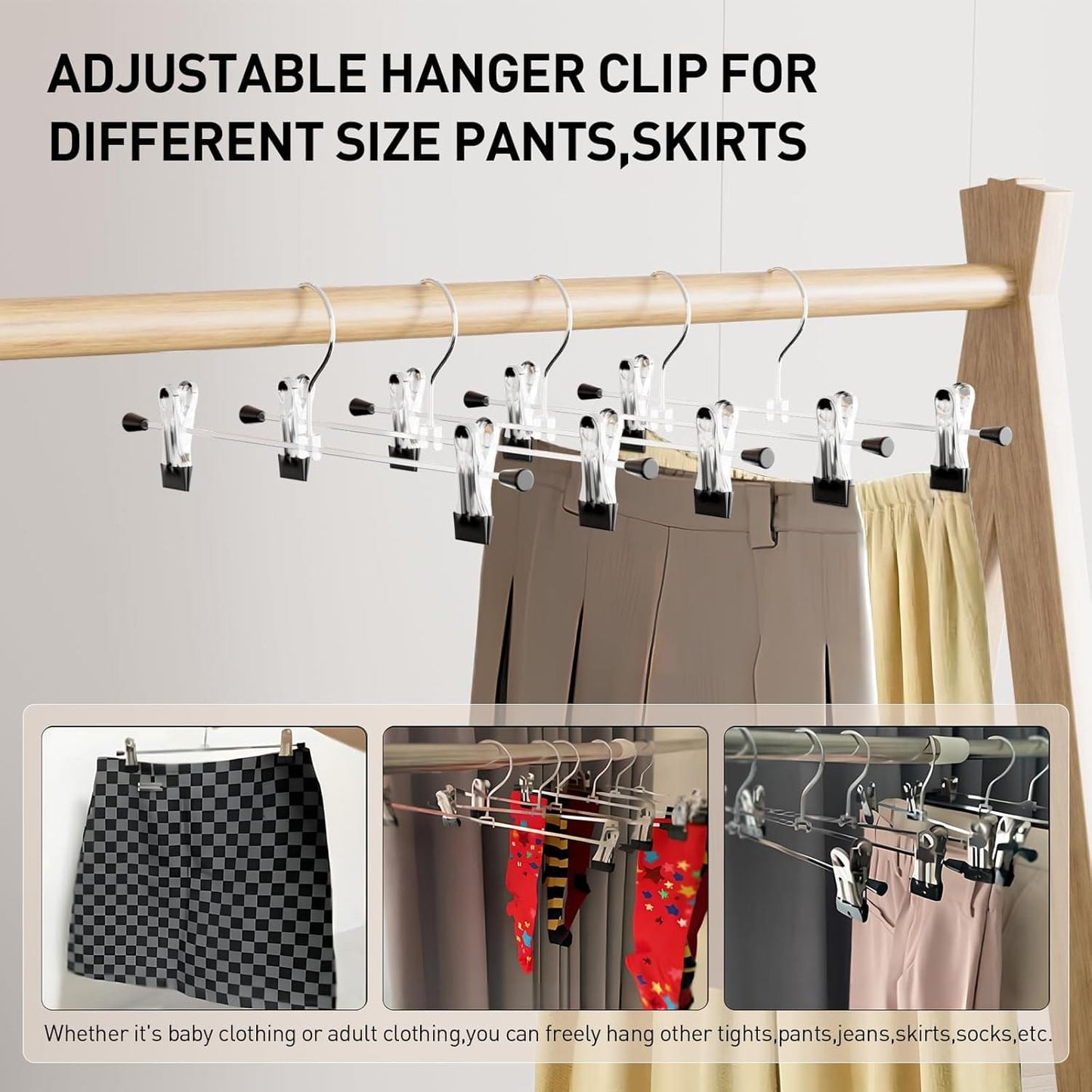 Stainless steel clip hangers with adjustable width for pants, skirts, and tights