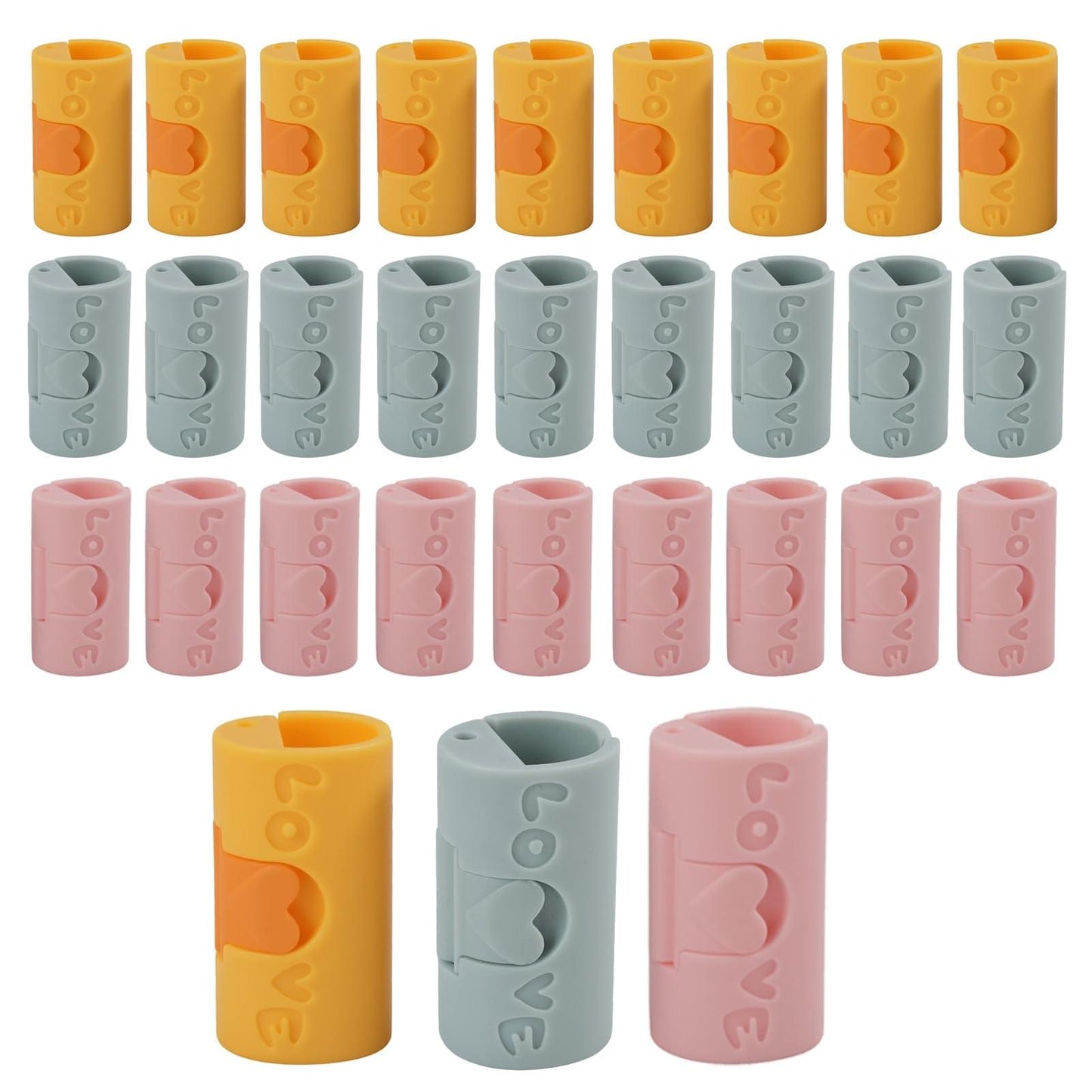 Pack of clothes peg clips in orange, blue, and pink cylindrical forms
