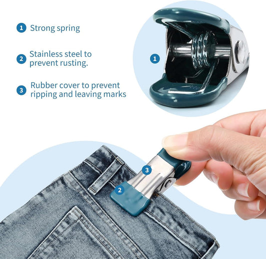 Stainless steel cloth clip with teal rubber cover, shown gripping fabric