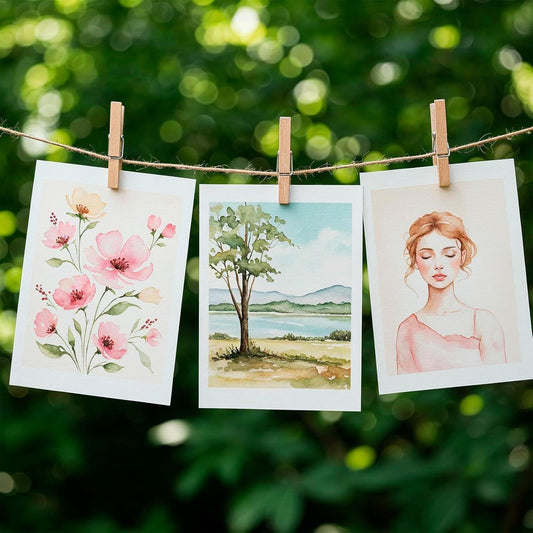 Wooden clothespins holding three photo cards on a clothesline with twine string