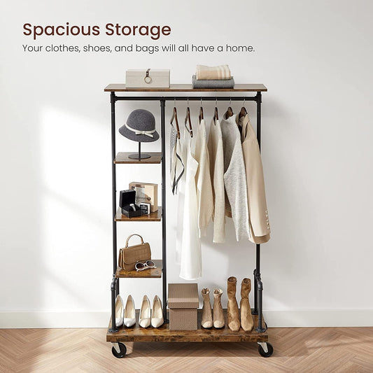 Clothing and shoe storage rack with hanging bar, four shelves, and caster wheels.