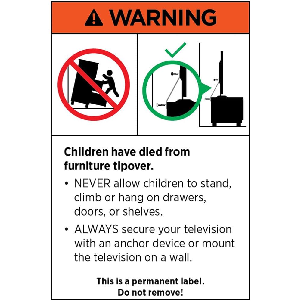 Warning label: keep children away from climbing; secure furniture to prevent tipping.