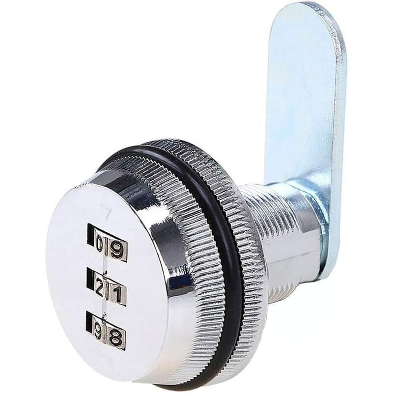 Coded drawer cabinet lock with chrome face, 3-digit combination dial, and screw stem